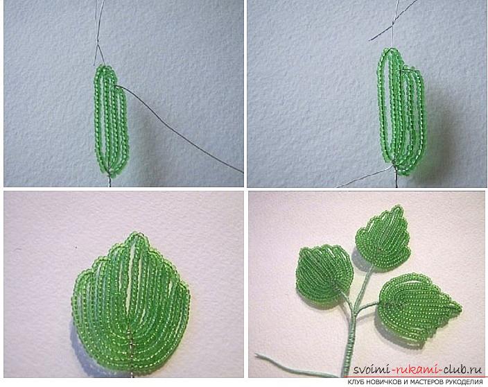 How to weave a rose from beads. step-by-step photos and a detailed description of the weaving of the flower and the leaves of the rose in various techniques. Photo №7