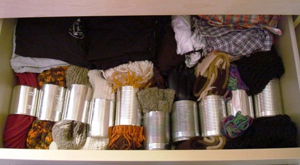 canvases from cans - organizer for scarves from tin cans