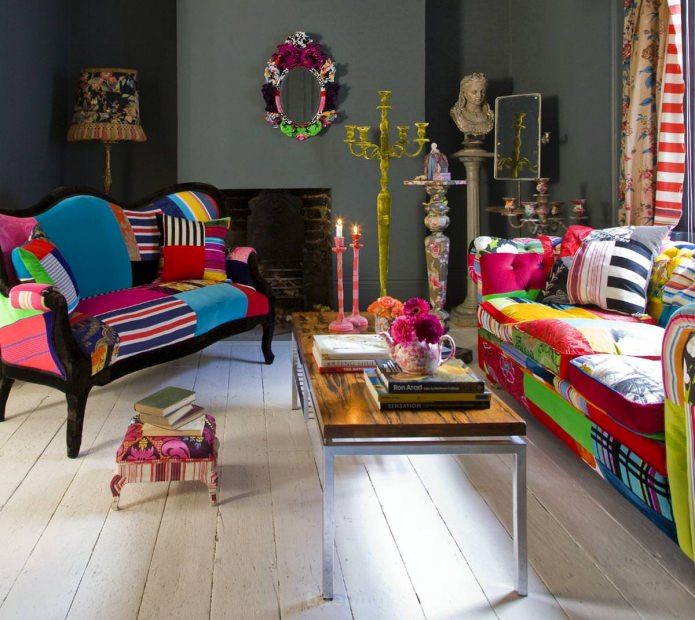 Bright sofas in patchwork style in the interior