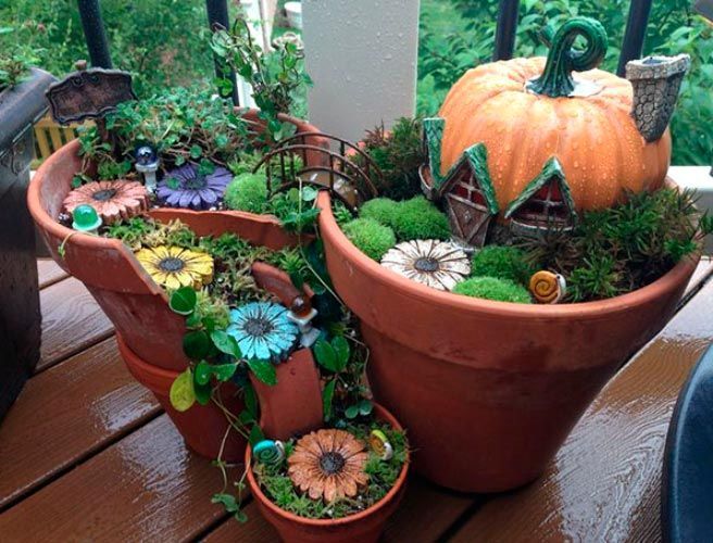 miniature garden in broken pots