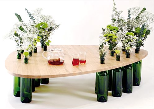 low table of glass bottles