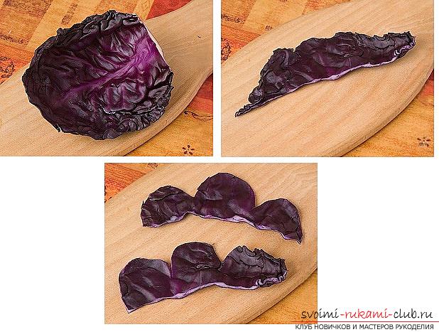 How to make beautiful and original products fromvarious vegetables, step-by-step photos and instructions for creating flowers from onions, mocovi, red cabbage and Peking cabbage, handmade pumpkin in carving technique. Photo number 45