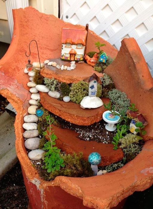 miniature garden in a broken pot