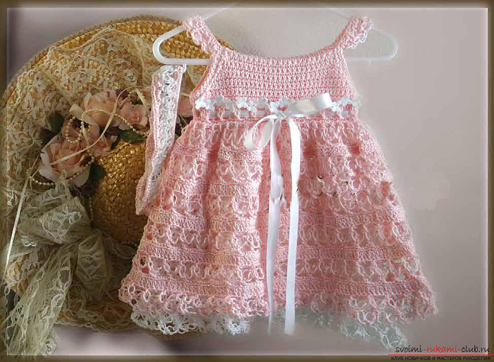 How to tie a beautiful dress and bandanna for a girl to a year crocheted ?. Picture №3
