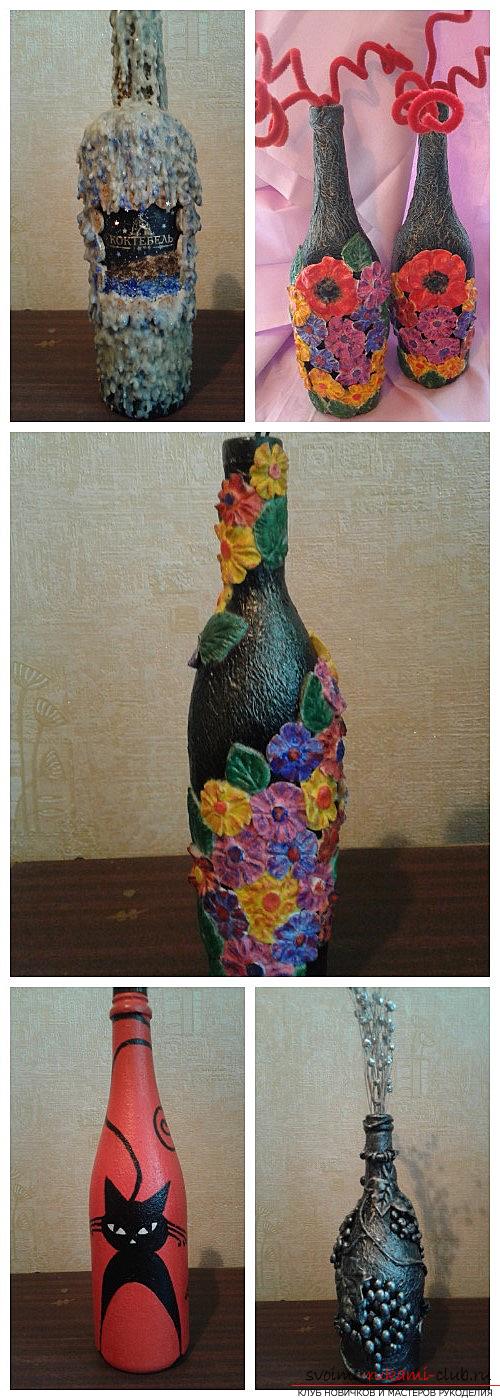 Decoration of bottles in different ways. Photo №1