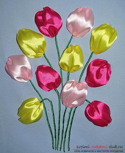 Origineel borduurwerk met tulpenlinten volgens de masterclass met foto's en diagrammen. Foto №5