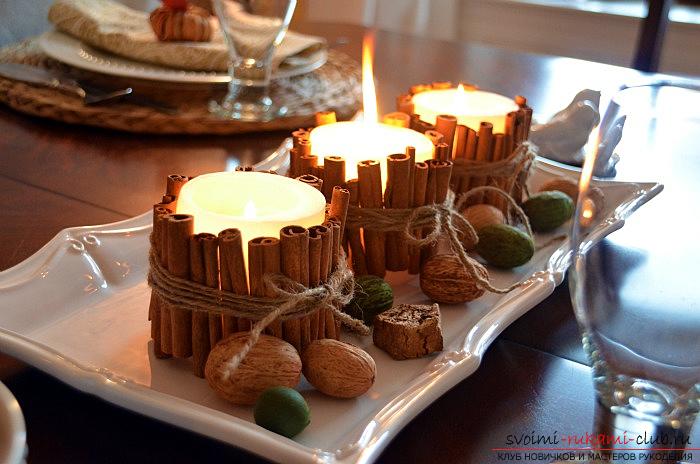 Decorating the New Year's table with their own hands, a master class on creating a central composition for the New Year's table made of candles and cinnamon sticks with their own hands .. Photo №6