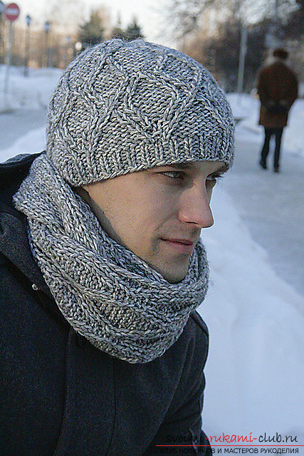 в'язана спицями зимова чоловіча шапка з норвезьким візерунком. фото №5
