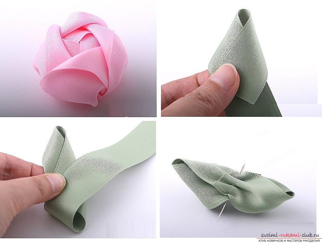 How to make roses from a ribbon with your own hands, step-by-step photos and instructions for creating a flower, seven variants of roses from a ribbon in the form of buds and blossoming flowers. Picture №34