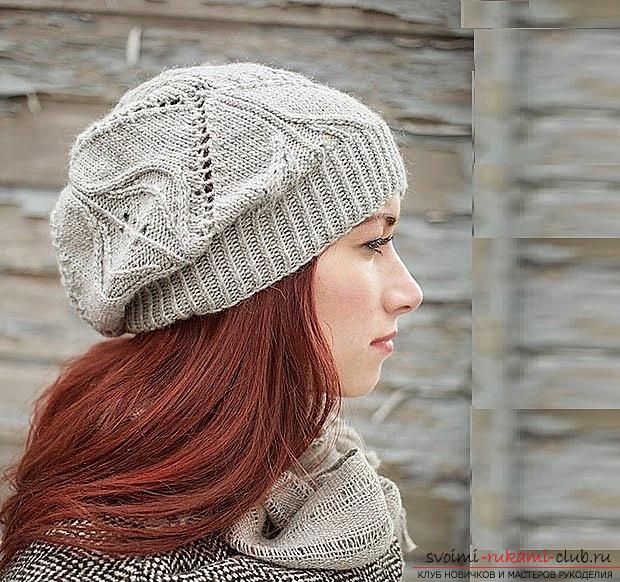 How to tie berets with knitting needles, detailed photos and job description, several models with a delicate and dense pattern, knitting on circular, stocking and regular knitting needles. Photo number 15