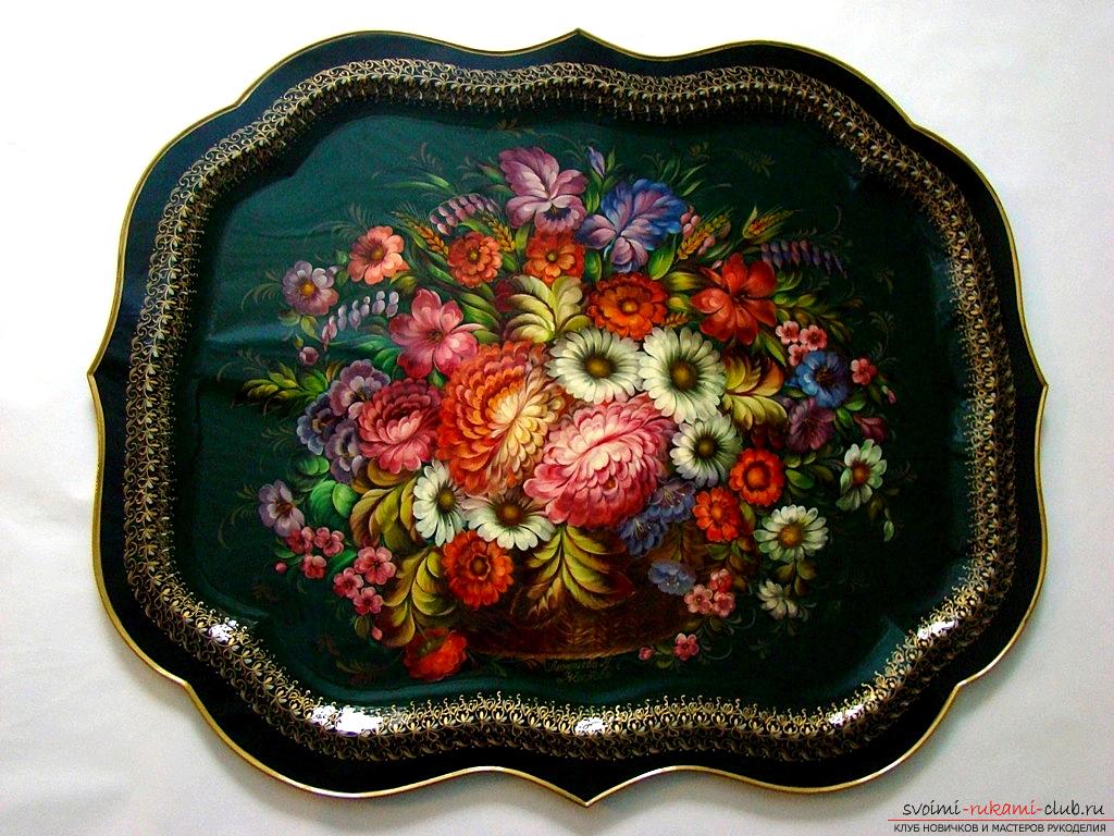 Zhostovo painting for the tray - pictures and flowers with their own hands. Photo №5