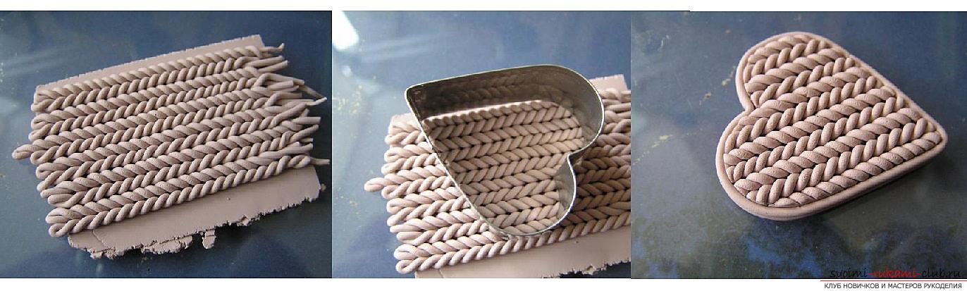 Как да направите брошка от полимерна глина в техниката на имитация на плетене, стъпка по стъпка снимки на създаване на брошка под формата на сърце с бутон. Снимка №3