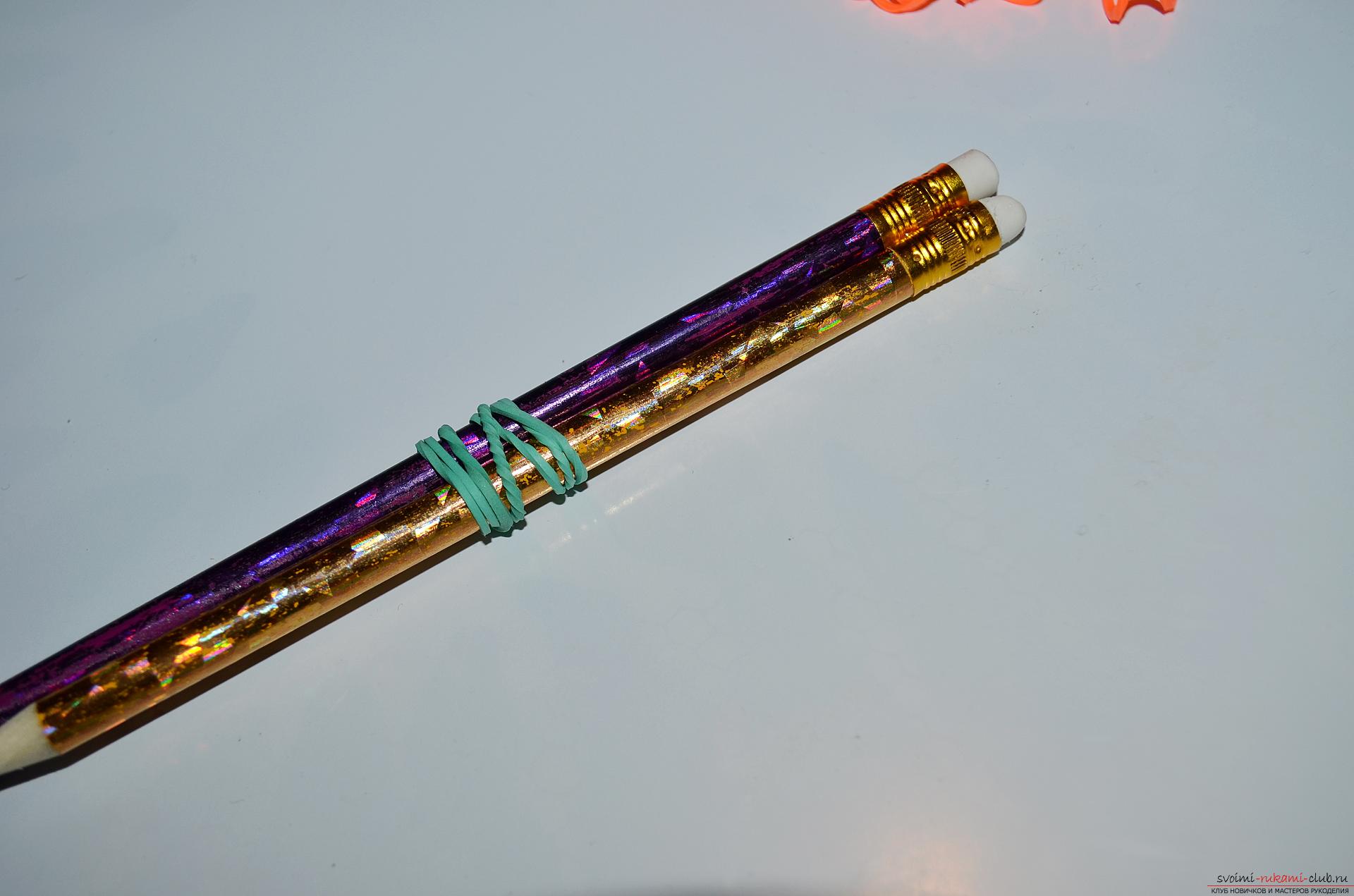 Photo to the lesson on making a bracelet from colored rubbery "Fish tail" on pencils. Photo # 2