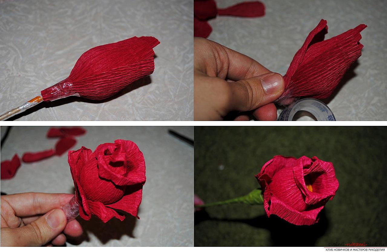 How to make a candy bouquet of roses, step-by-step photos and instructions for creating roses from corrugated paper with candy hearts. Photo №8
