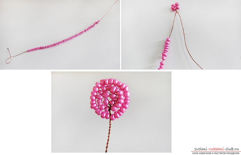 How to weave from beads gently pink violets, step-by-step photos and detailed instructions of various weaving techniques for creating flowers and violet leaves. Picture №3