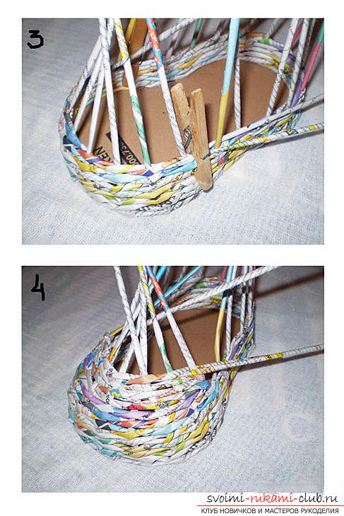 Weaving from newspapers with our own hands, how to weave products from newspaper tubes, a basket of newspaper tubes with our own hands. Photo # 20