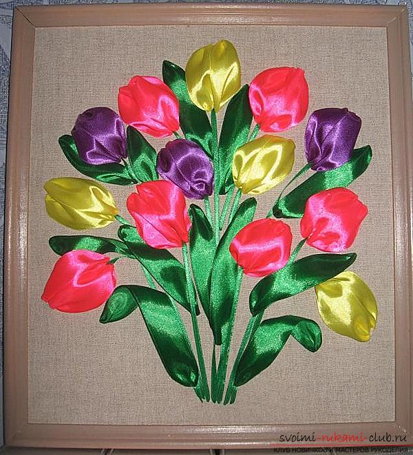 Origineel borduurwerk met tulpenlinten volgens de masterclass met foto's en diagrammen. Foto №8