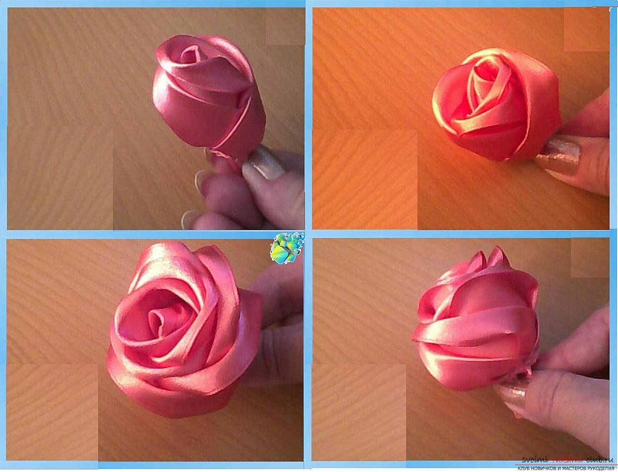 How to make roses from a ribbon with your own hands, step-by-step photos and instructions for creating a flower, seven variants of roses from a ribbon in the form of buds and blossoming flowers. Photo number 15