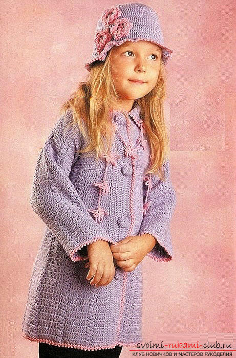 Free schemes and a description of work on knitting a lilac coat for a girl 4-5 years old. Photo # 1