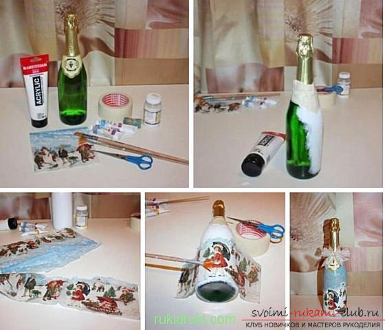 New Year's decoupage of bottles. Photo №1