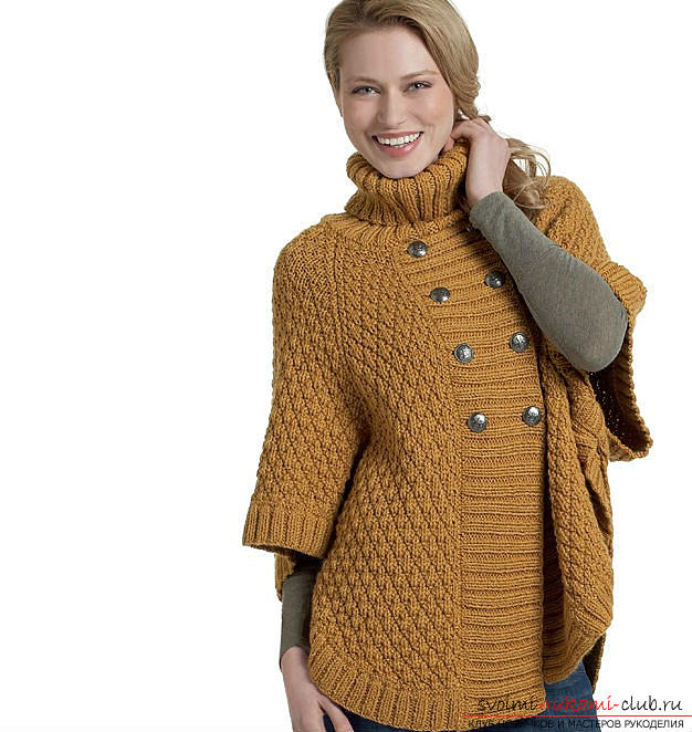 How to tie asymmetric ponchos with knitting needles, description of poncho patterns, women's knitted ponchos 2015. Photo # 3