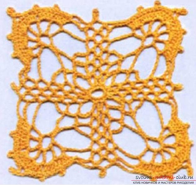 How to tie a square crochet motif, patterns and detailed description of knitting of openwork squares .. Photo # 3