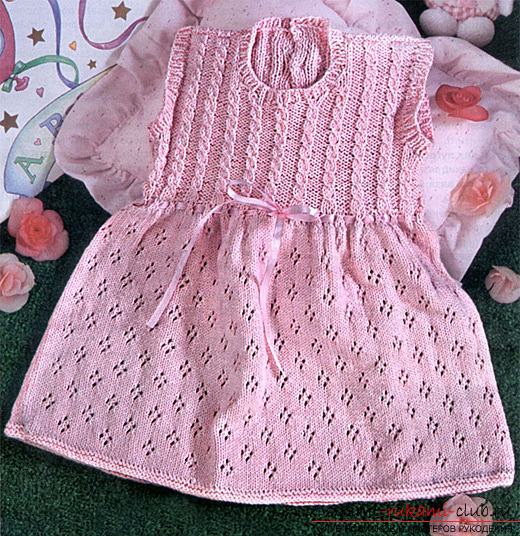 Knitted with knitting needles on an elegant openwork pink dress. Photo №1
