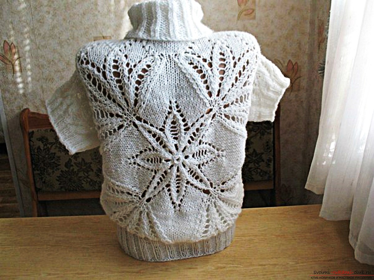 knitted knitting needles white long sweater for women under the throat. Photo №1