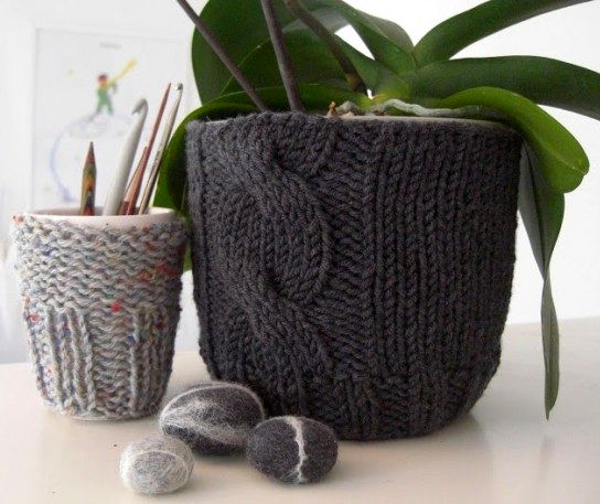 We knit covers on flower pots