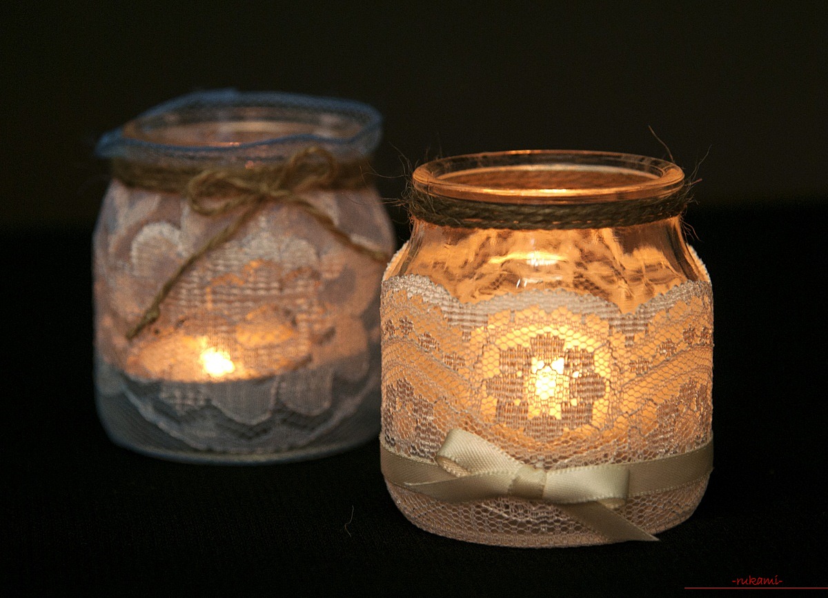 Crafts made of glass jars made by own hands for design. Photos and Tips .. Photo # 1