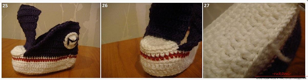 How to crochet booties in the form of sneakers, step-by-step photos, diagrams and a detailed description of two variants of knitting pinets for kids. Photo Number 21