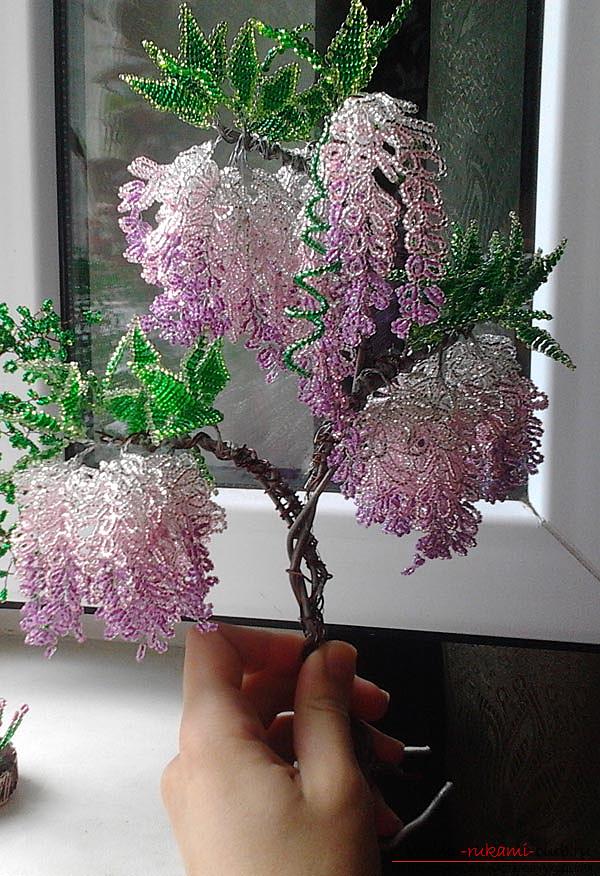 How to weave wisteria from beads, step-by-step photos and a description of the wickerwork of Japanese and Chinese wisteria in loop technique, tips on decorating crafts. Photo №7
