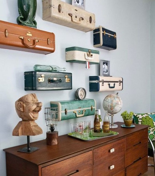 Room decor with hanging shelves from suitcases