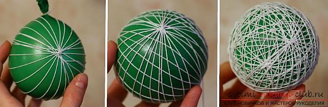 How to make Christmas balls from threads, step-by-step photos and a detailed description of creating balls of thread, using glue and balloons. Photo №4