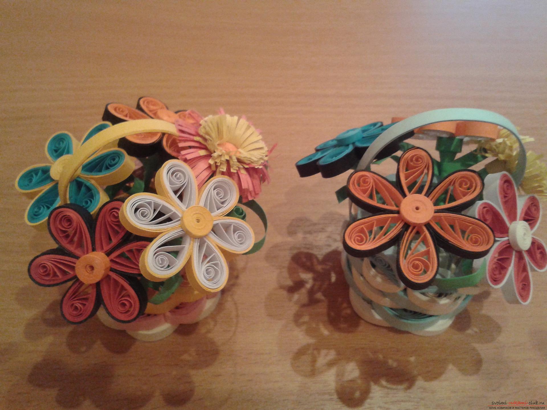 This detailed master-class of quilling colors will tell you how to make your own hands a bouquet in the basket .. Photo # 26