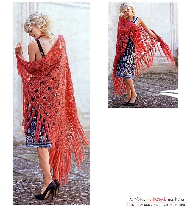 How to crochet a shawl with one cloth and frommotifs, diagrams and a description of the performance of the work from the center of the shawl, from the bottom corner and the bottom, a description of how to make the brushes on the shawl and tie a magnificent column. Photo №6