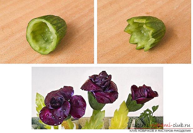 How to make beautiful and original products fromvarious vegetables, step-by-step photos and instructions for creating flowers from onions, mocovi, red cabbage and Peking cabbage, handmade pumpkin in carving technique. Photo №46