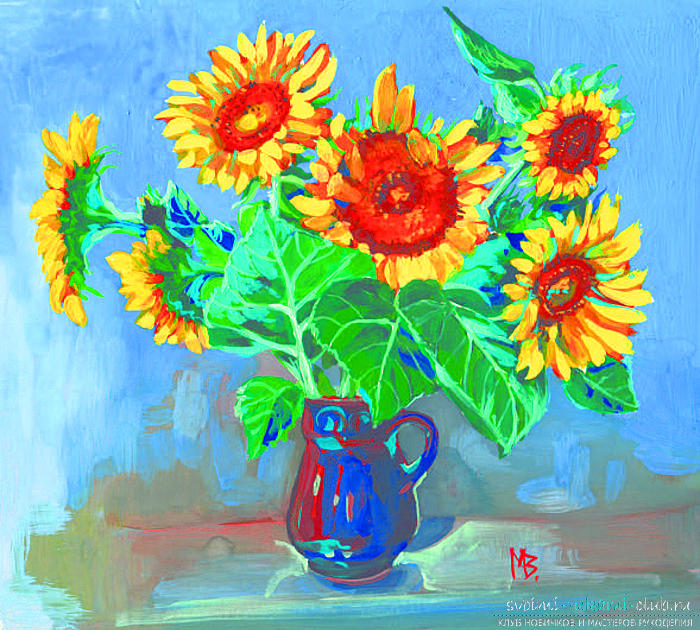 Step-by-step drawing of sunflowers gouache. Photo №5