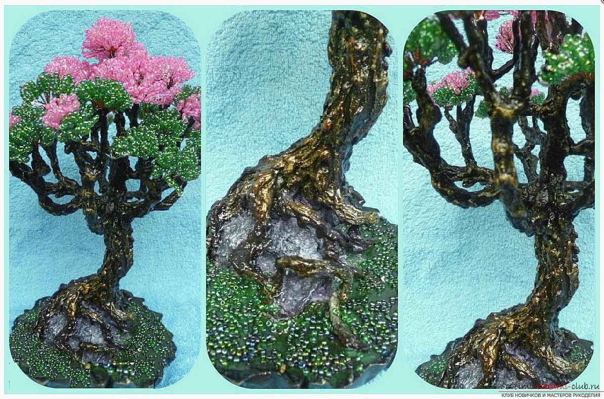 How to make a bonsai tree of beads with your own hands, several master classes of creating bonsai in different color solutions, step-by-step photos and description. Photo Number 21