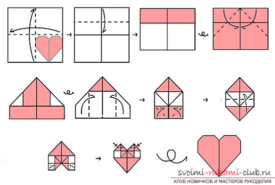 Een eenvoudige figuur is een hart van papier, een origami-techniek. Foto # 2