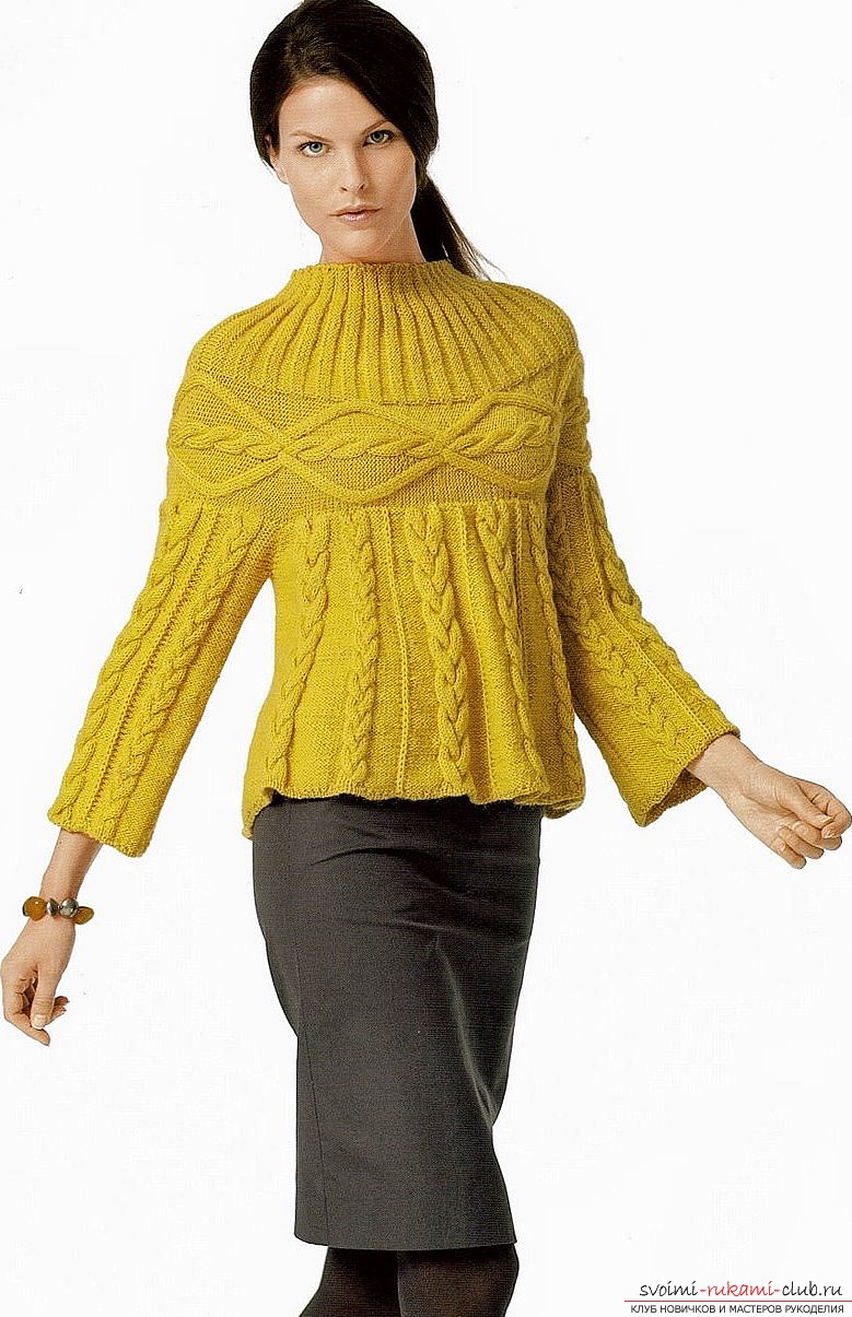 knitted sweater with a coquette of braid. Photo №1
