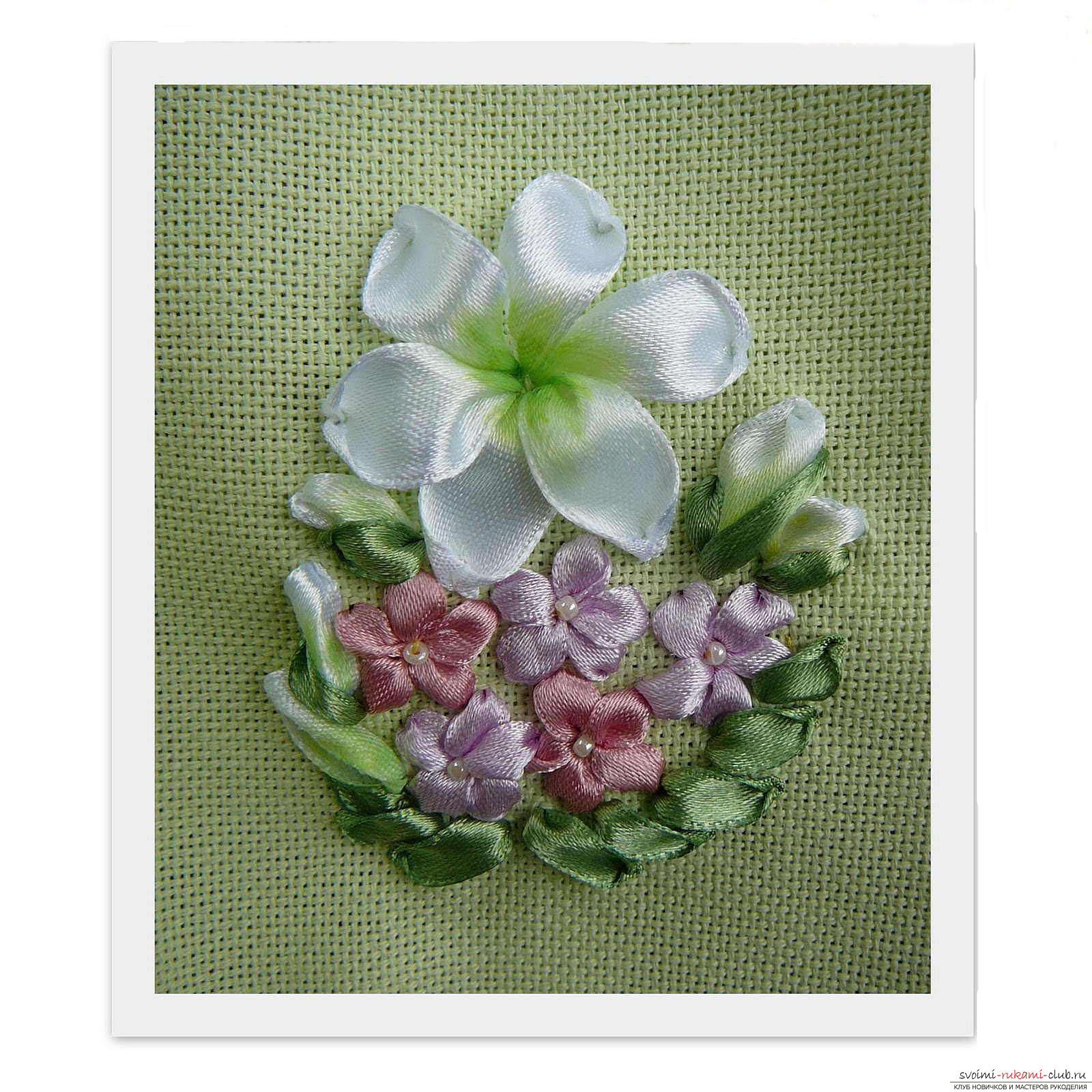 Embroidery with ribbons of white lilies. Photo №7