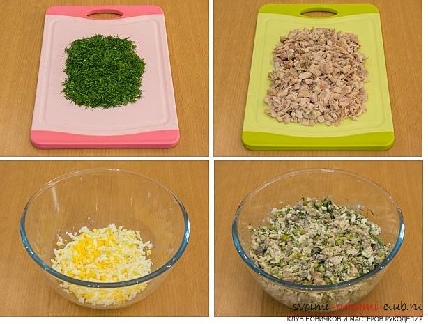 Hoe te koken, en vooral, om een ​​salade te versieren voor de nieuwjaarsviering, recepten met stapsgewijze foto's en een beschrijving van het werk. Afbeelding №3