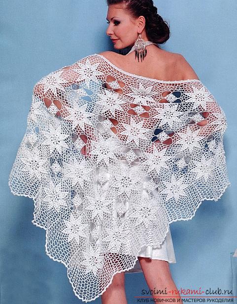 How to crochet a shawl with one cloth and frommotifs, diagrams and a description of the performance of the work from the center of the shawl, from the bottom corner and the bottom, a description of how to make the brushes on the shawl and tie a magnificent column. Picture №10