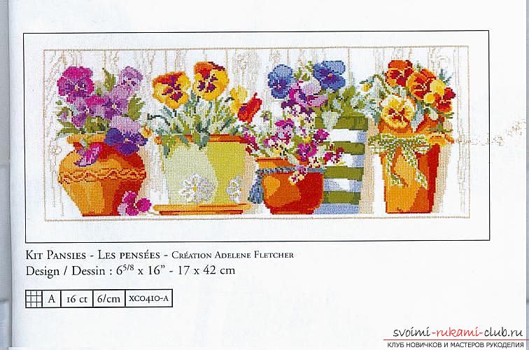 Kruissteek-borduurwerk van verschillende kleuren in de bloempot door gratis schema's. Foto nummer 9