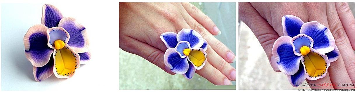 How to make a ring of polymer clay with a decorative element in the form of an orchid flower, step by step photos and description. Photo №1