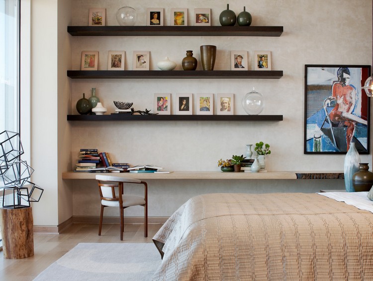 Smooth wooden shelves in the bedroom next to the bed