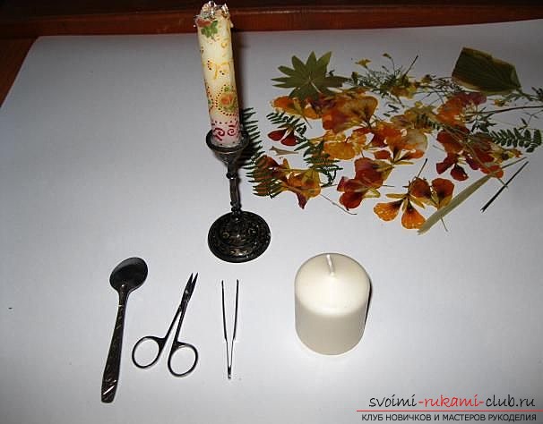 Decoupage of candles with dried flowers. Photo №1