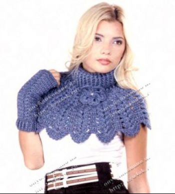 Knit shirt with high neck and crocheted mitts
