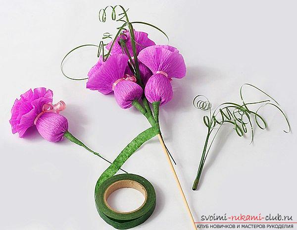 Hoe je op 8 maart een origineel cadeau kunt maken, stapsgewijze foto's en een beschrijving van het maken van boeketten met bloemen van snoepjes. Foto nummer 9
